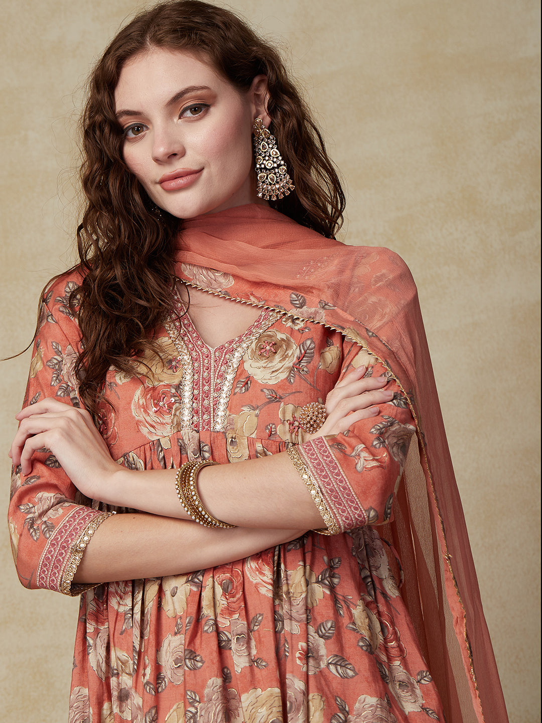 Floral Printed & Embroidered A-Line Pleated Kurta with Pant & Dupatta - Peach