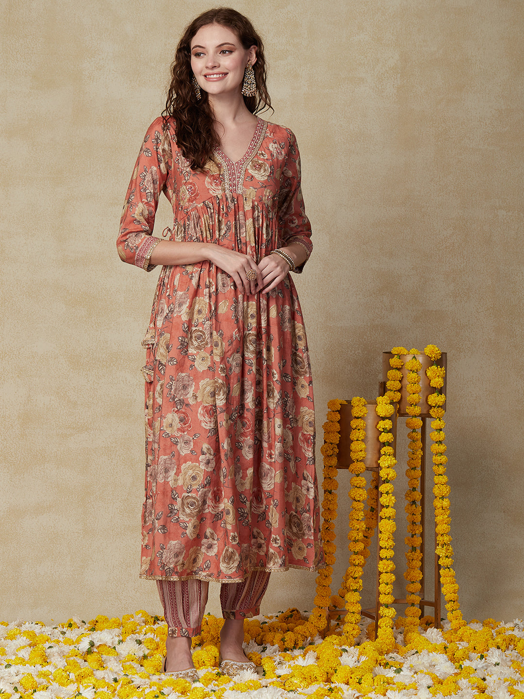 Floral Printed & Embroidered A-Line Pleated Kurta with Pant & Dupatta - Peach