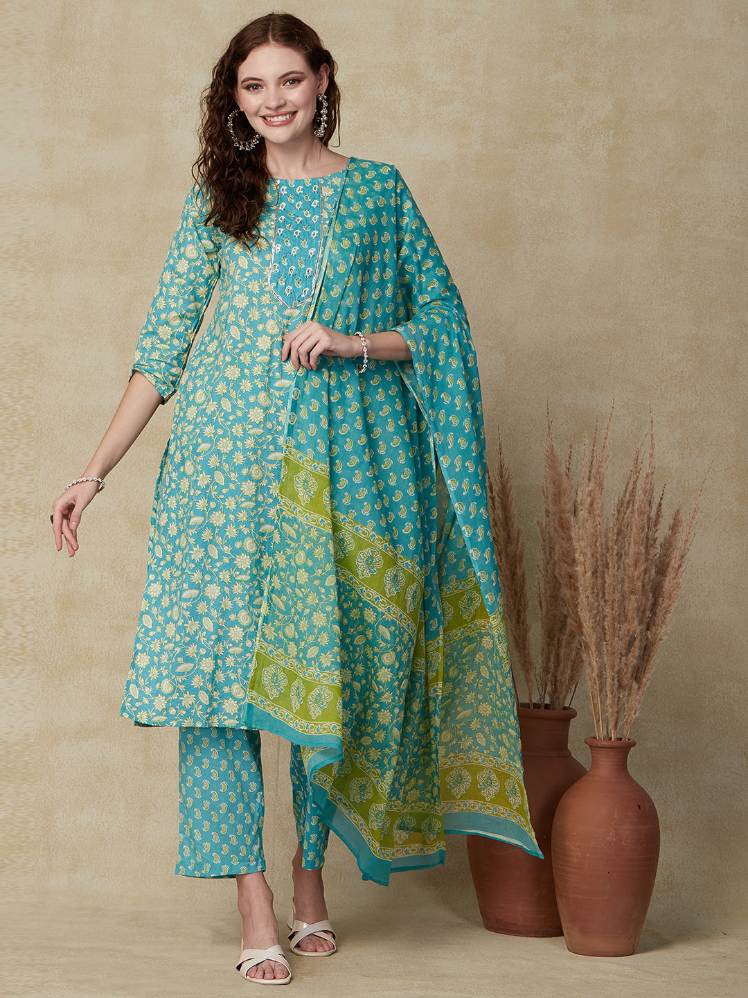 Ethnic Floral Printed & Embroidered Straight Kurta with Pant & Dupatta - Blue