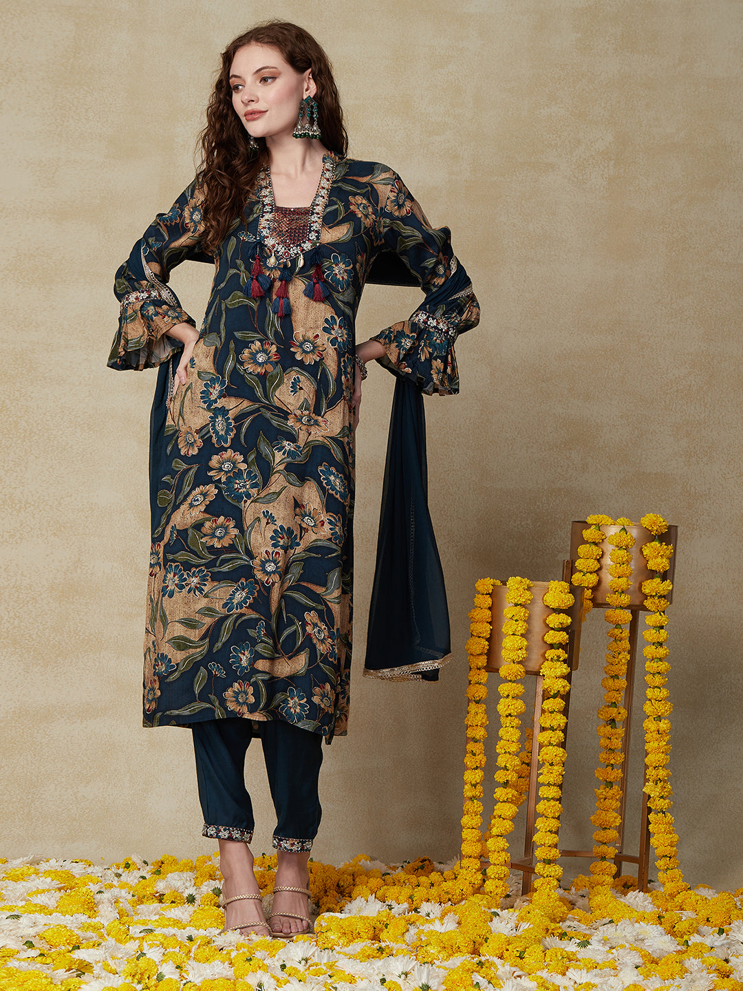 Floral Printed Resham & Zari Embroidered Kurta with Pants & Dupatta - Multi & Blue