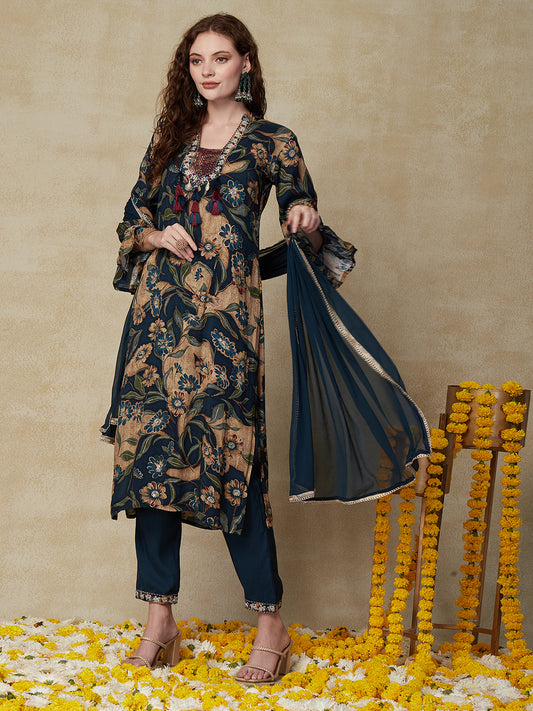 Floral Printed Resham & Zari Embroidered Kurta with Pants & Dupatta - Multi & Blue