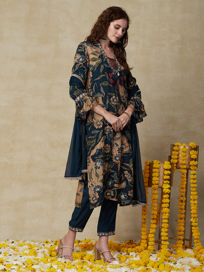 Floral Printed Resham & Zari Embroidered Kurta with Pants & Dupatta - Multi & Blue