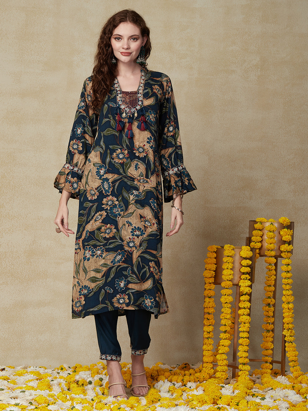 Floral Printed Resham & Zari Embroidered Kurta with Pants & Dupatta - Multi & Blue