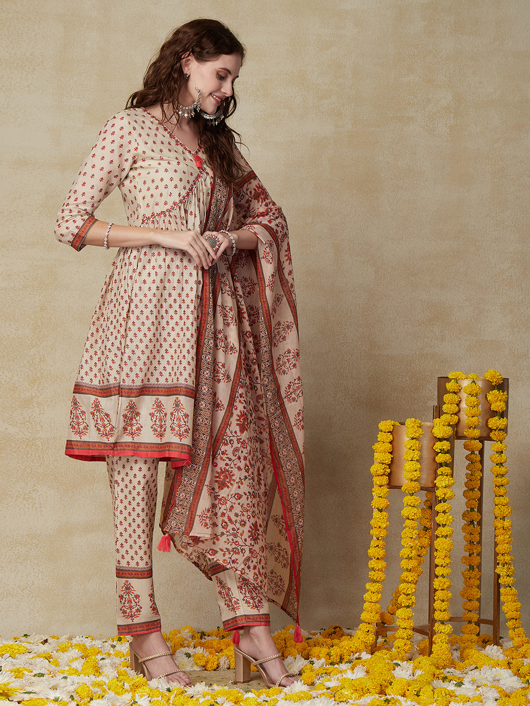 Floral Printed & Embroidered A-Line Pleated Kurta with Pant & Dupatta - Beige