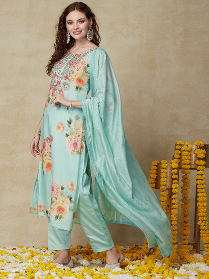 Floral Printed Mirror, Gotapatti & Resham Embroidered Kurta With Pants & Embroidered Dupatta - Light Sea Green