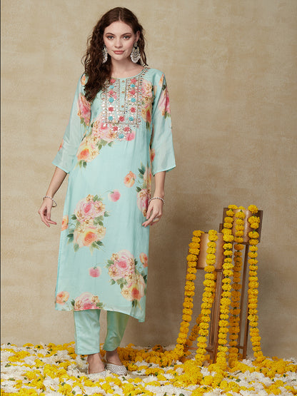 Floral Printed Mirror, Gotapatti & Resham Embroidered Kurta With Pants & Embroidered Dupatta - Light Sea Green