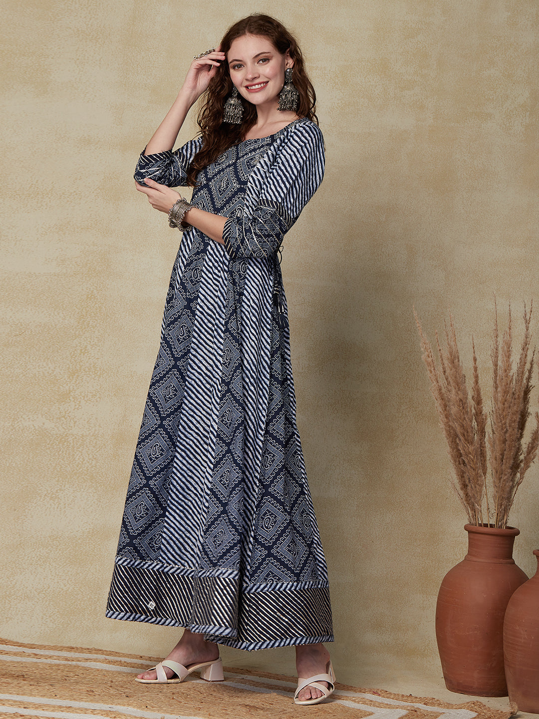 Ethnic Bandhani Printed & Zari Embroidered Anarkali Maxi Dress - Blue
