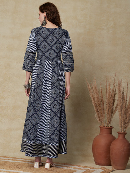 Ethnic Bandhani Printed & Zari Embroidered Anarkali Maxi Dress - Blue