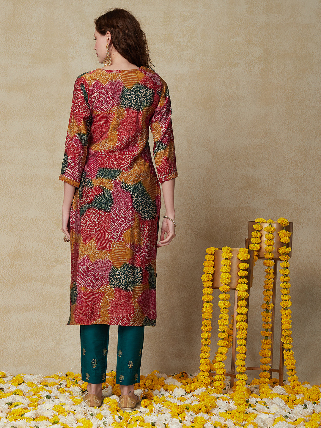 Ethnic Floral Printed & Embroidered Straight Fit Kurta - Multi