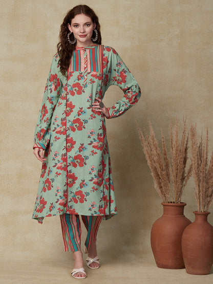 Floral & Stripes Printed A-Line Paneled Kurta with Pant - Mint Green
