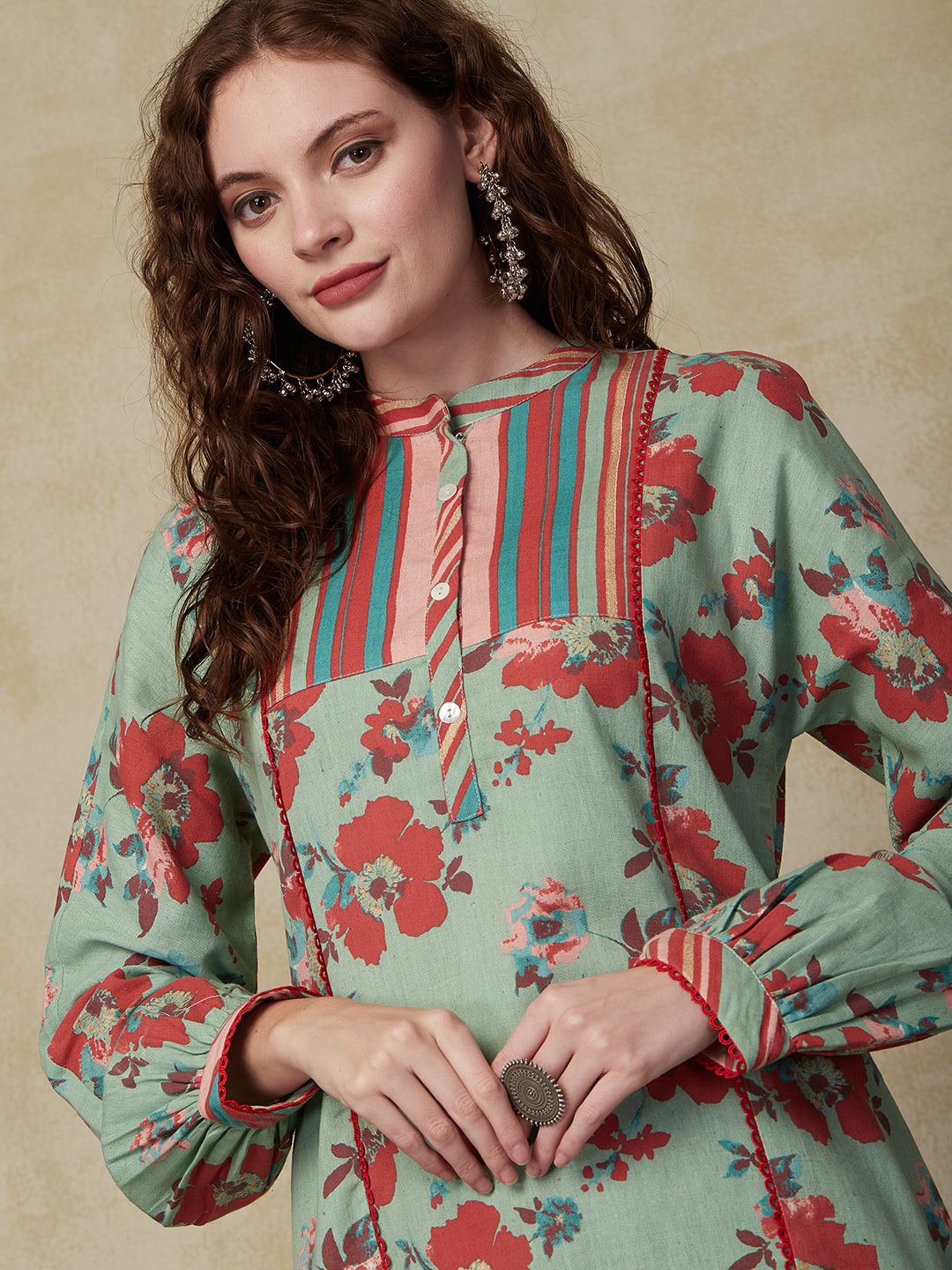 Floral & Stripes Printed A-Line Paneled Kurta with Pant - Mint Green