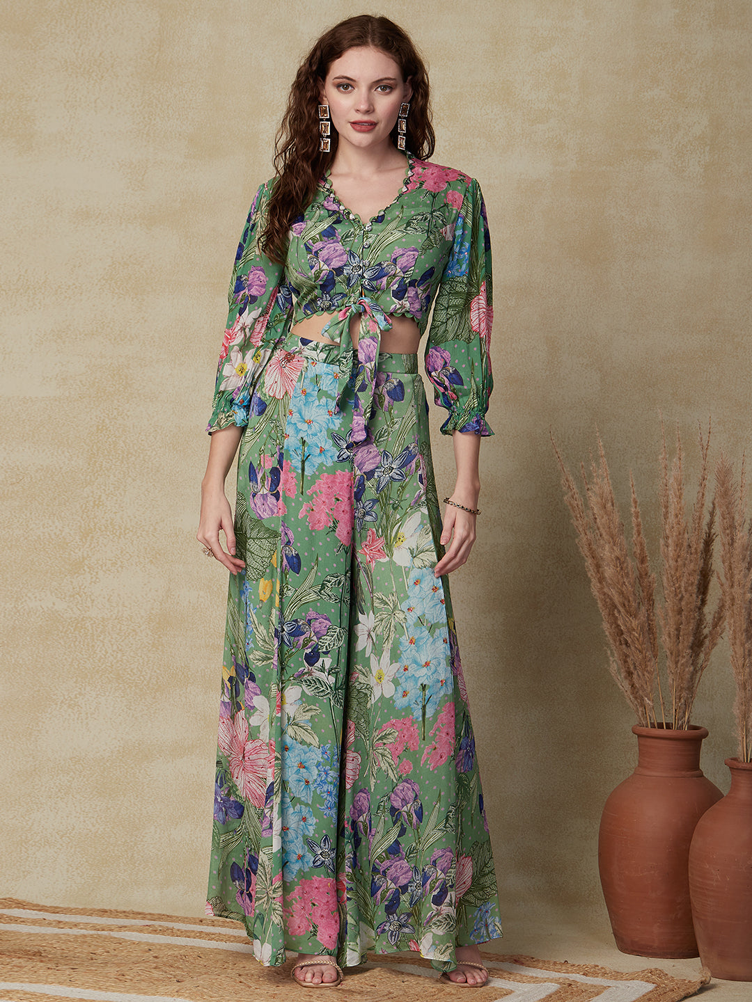 Ethnic Floral Printed & Embroidered Crop Top with Palazzo - Green