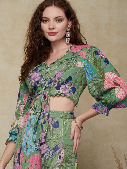 Ethnic Floral Printed & Embroidered Crop Top with Palazzo - Green