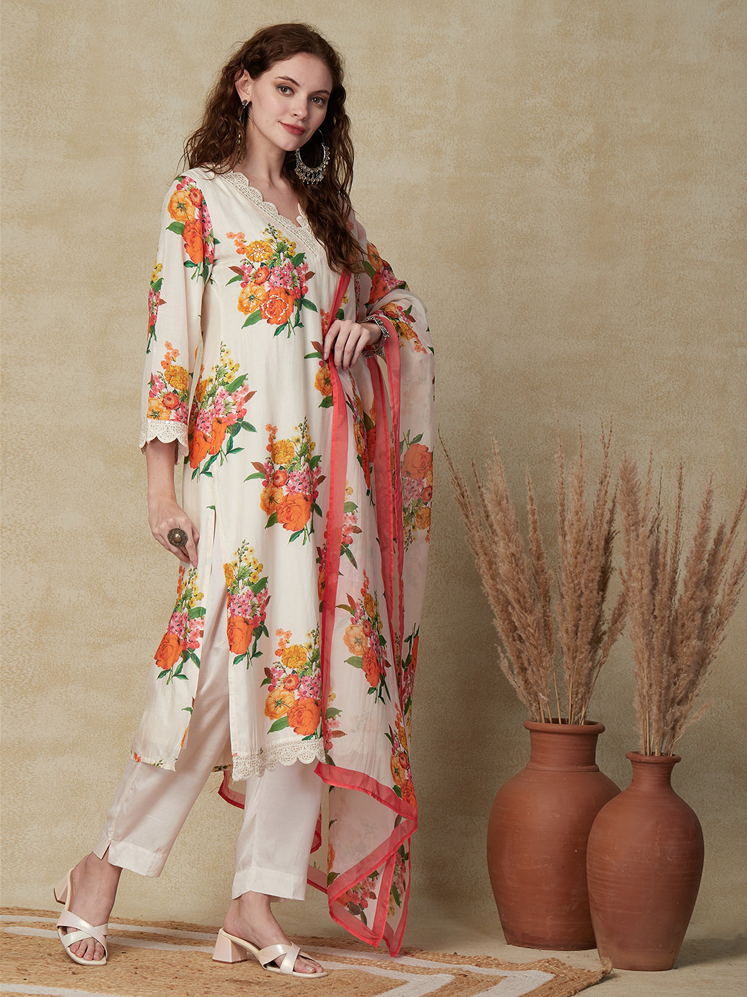 Floral Printed Sequins Embroidered Lace Work Kurta with Pants & Dupatta - White