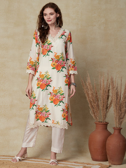 Floral Printed Sequins Embroidered Lace Work Kurta with Pants & Dupatta - White