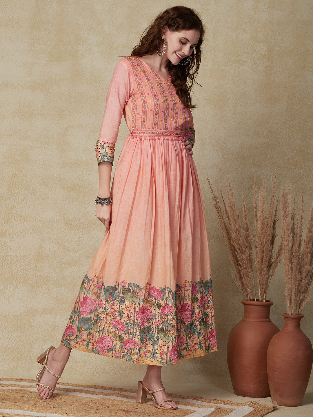 Ombre Dyed & Floral Printed & Embroidered A-Line Pleated Midi Dress - Peach