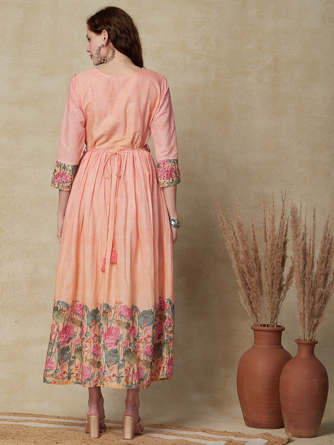 Ombre Dyed & Floral Printed & Embroidered A-Line Pleated Midi Dress - Peach