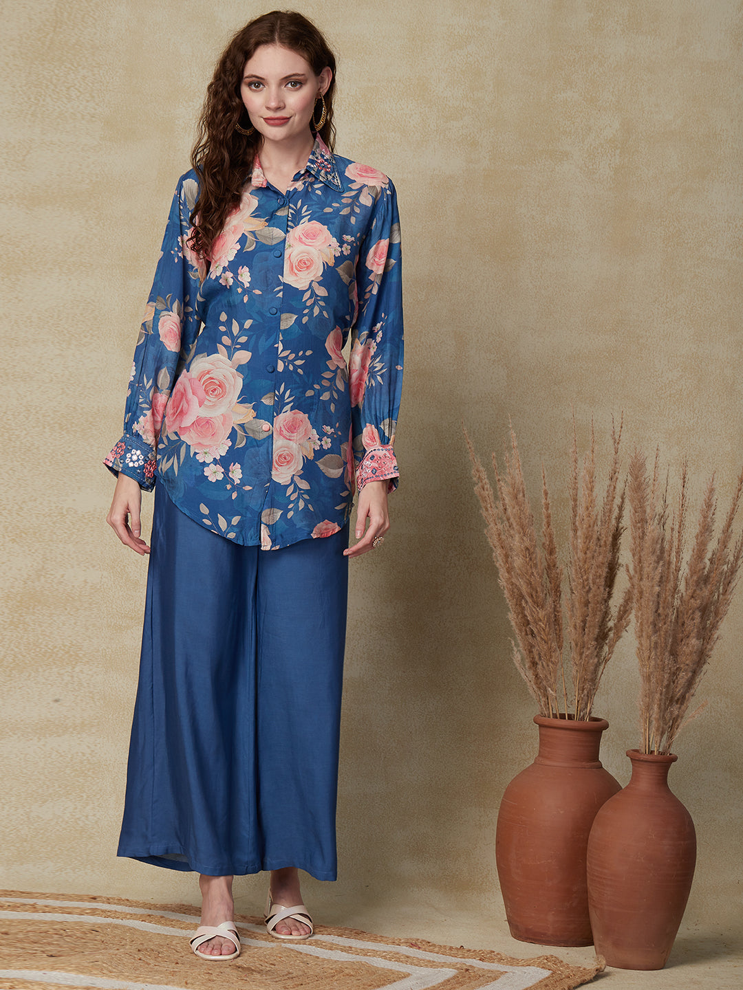 Floral Printed Mirror & Resham Embroidered Shirt with Palazzo - Blue