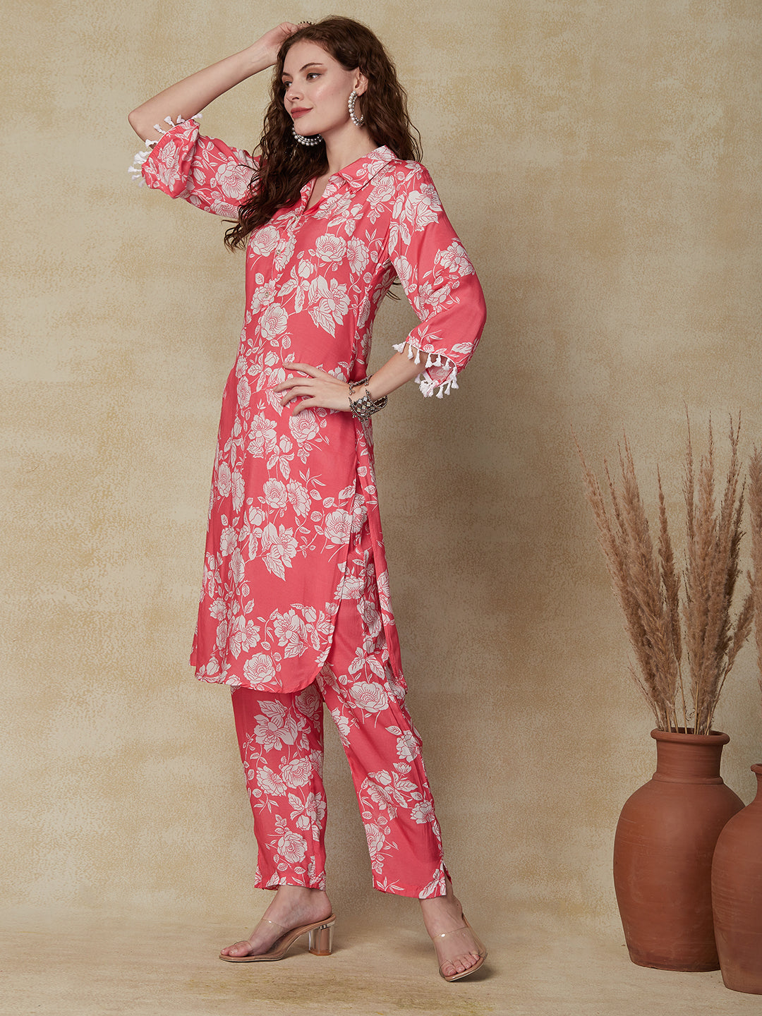 Ethnic Floral Printed Straight Fit Kurta & Pant - Pink