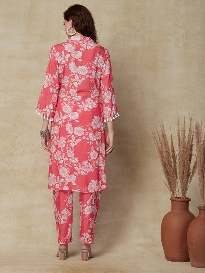Ethnic Floral Printed Straight Fit Kurta & Pant - Pink