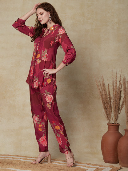 Floral Printed Stone, Pearl & Cutdana Embroidered Shirt with Pants Cord Set - Burgundy