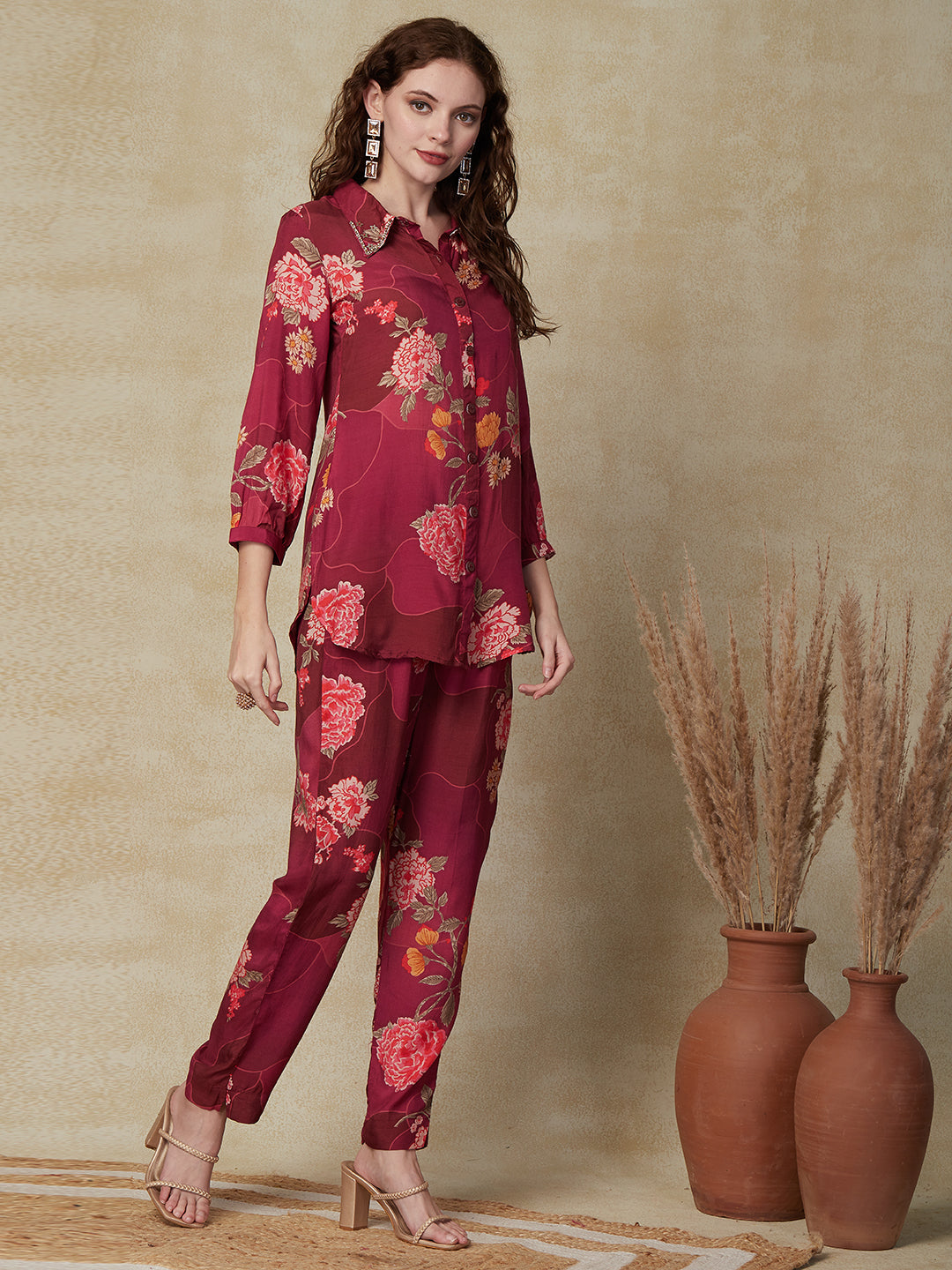 Floral Printed Stone, Pearl & Cutdana Embroidered Shirt with Pants Cord Set - Burgundy