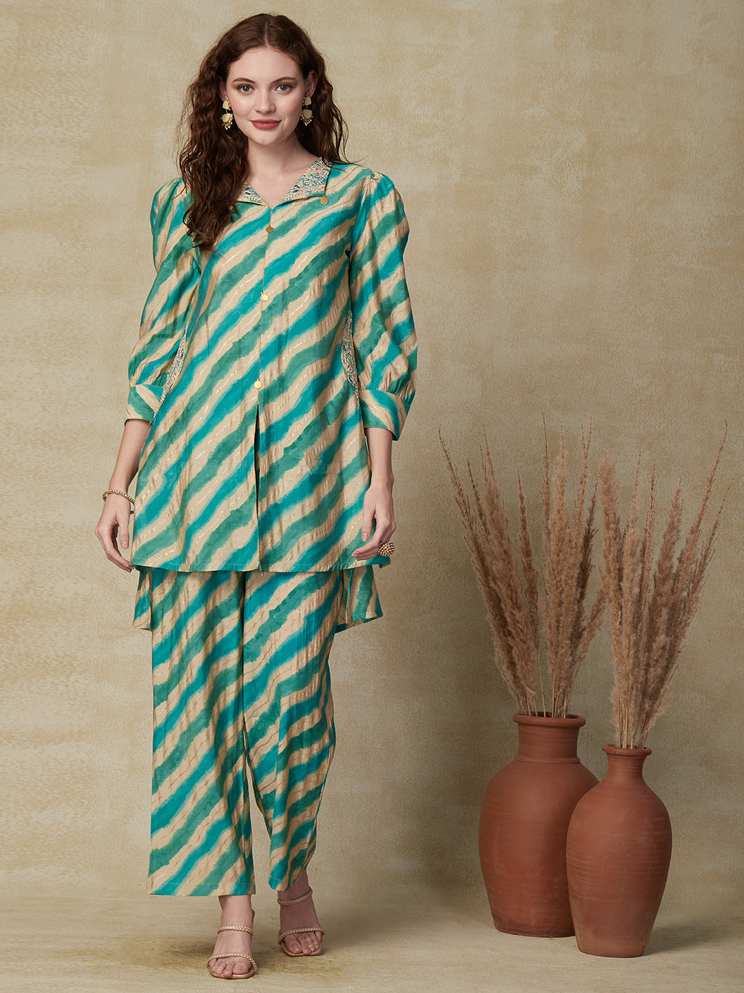 Stripes Printed & Embroidered Straight Kurta with Palazzo - Green