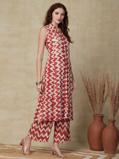 Chevron Printed Mother-of-Pearl Buttoned A-line Kurta with Pants - Cream & Rust