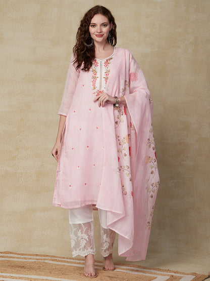 Solid Resham Embroidered Kurta with Floral Printed Dupatta - Pink