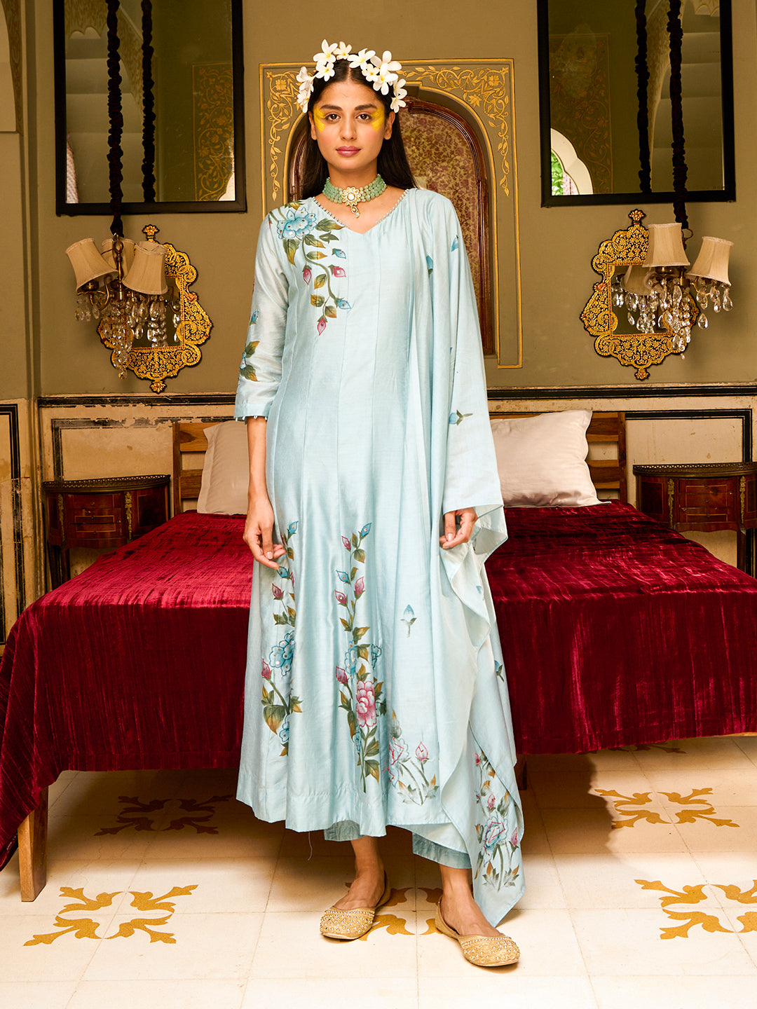 Floral Hand Painted & Embroidered Anarkali Kurta & Dupatta with Pant - Blue