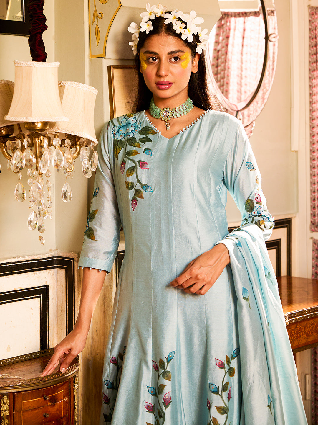 Floral Hand Painted & Embroidered Anarkali Kurta & Dupatta with Pant - Blue