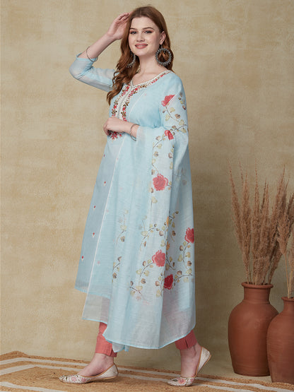 Solid Resham Embroidered Kurta with Floral Printed Dupatta - Sky Blue