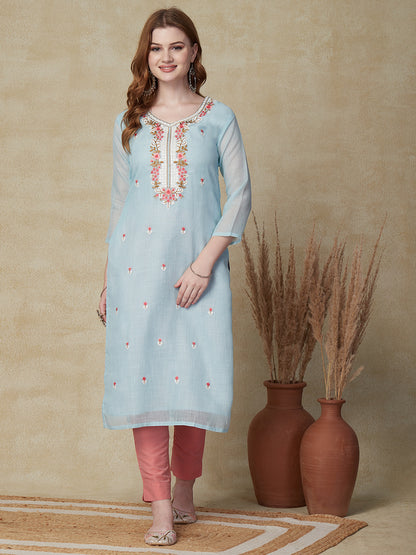 Solid Resham Embroidered Kurta with Floral Printed Dupatta - Sky Blue