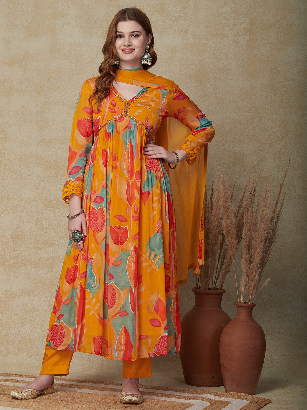 Abstract Printed Hand Embroidered gathered Kurta with Pants & Dupatta - Multi