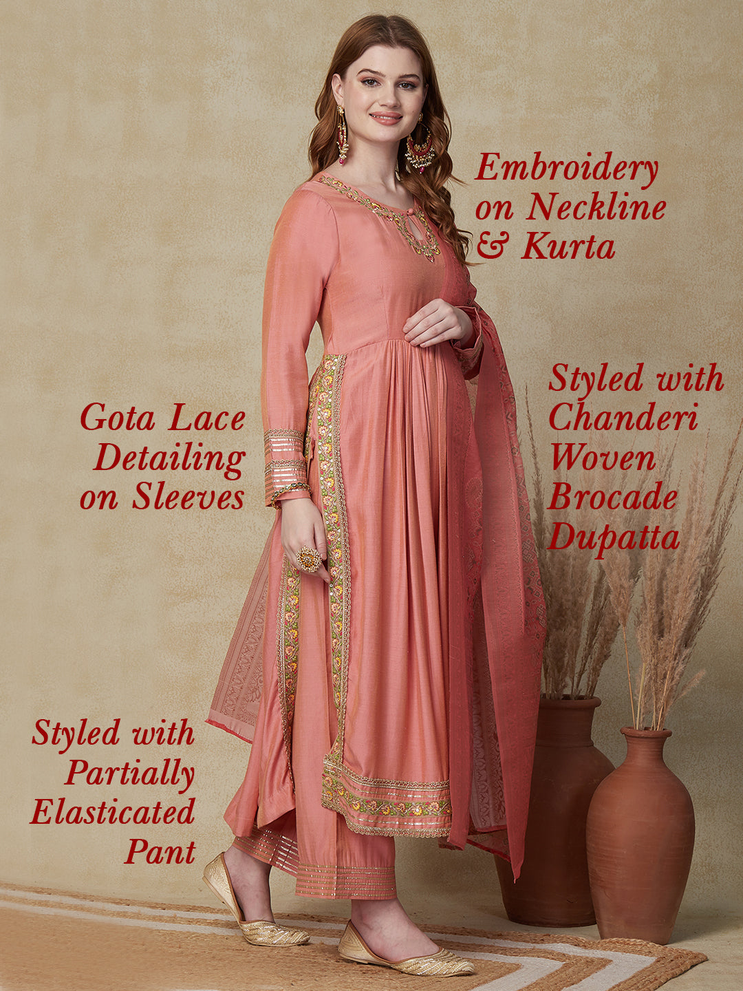 Solid Floral Embroidered A-Line Pleated Kurta with Pant & Dupatta - Peach