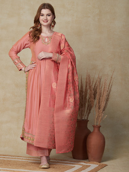 Solid Floral Embroidered A-Line Pleated Kurta with Pant & Dupatta - Peach