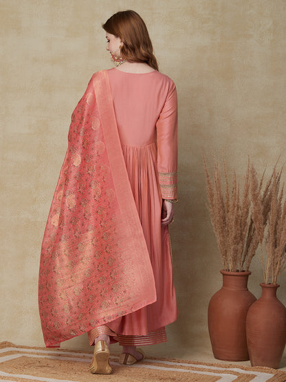 Solid Floral Embroidered A-Line Pleated Kurta with Pant & Dupatta - Peach