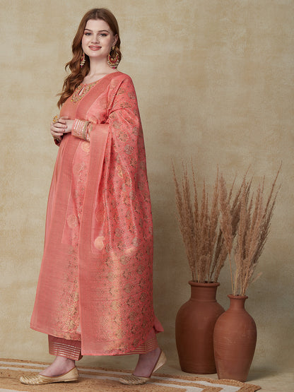 Solid Floral Embroidered A-Line Pleated Kurta with Pant & Dupatta - Peach