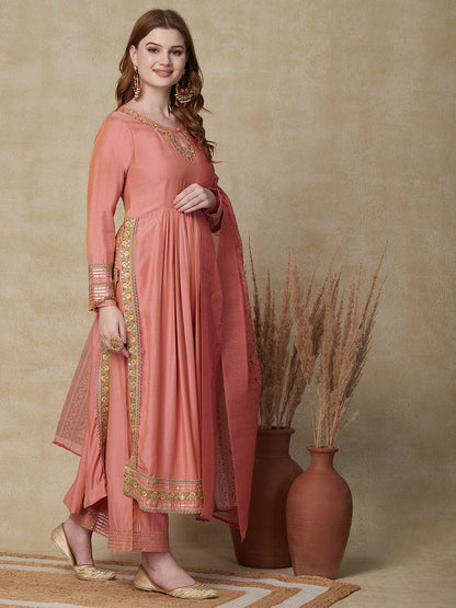 Solid Floral Embroidered A-Line Pleated Kurta with Pant & Dupatta - Peach