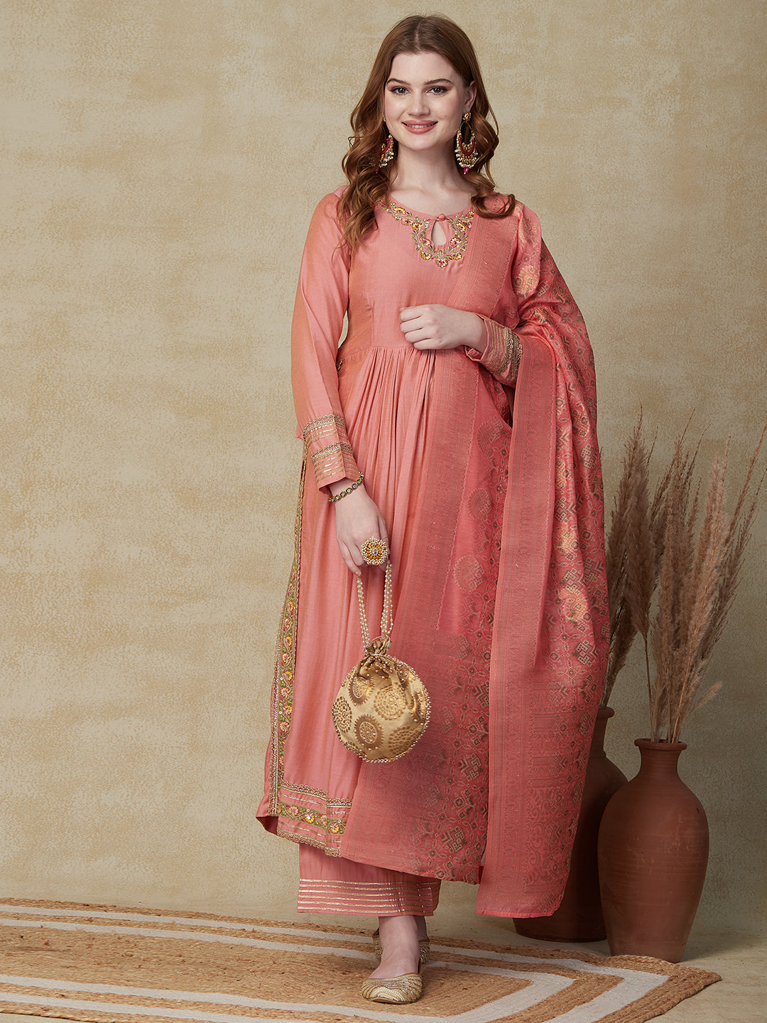 Solid Floral Embroidered A-Line Pleated Kurta with Pant & Dupatta - Peach