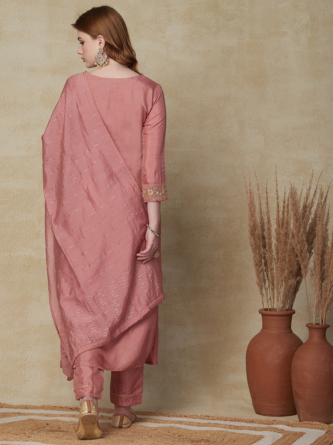 Solid Resham & Sequins Embroidered Kurta with Pants & Dupatta - Rose