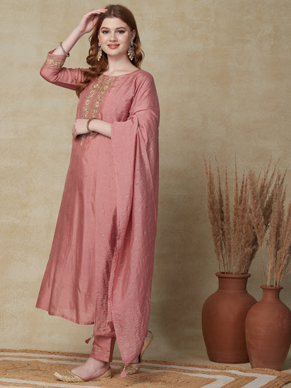 Solid Resham & Sequins Embroidered Kurta with Pants & Dupatta - Rose