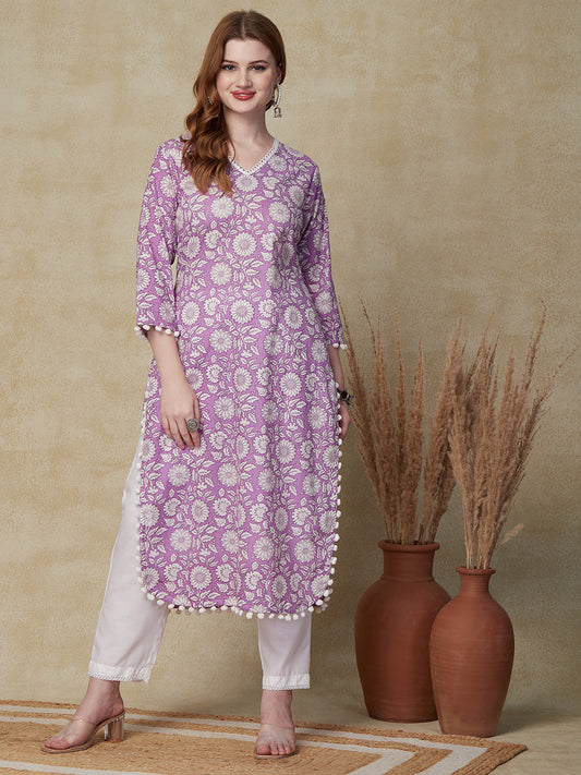 Floral Printed Straight Fit Kurta - Lavender