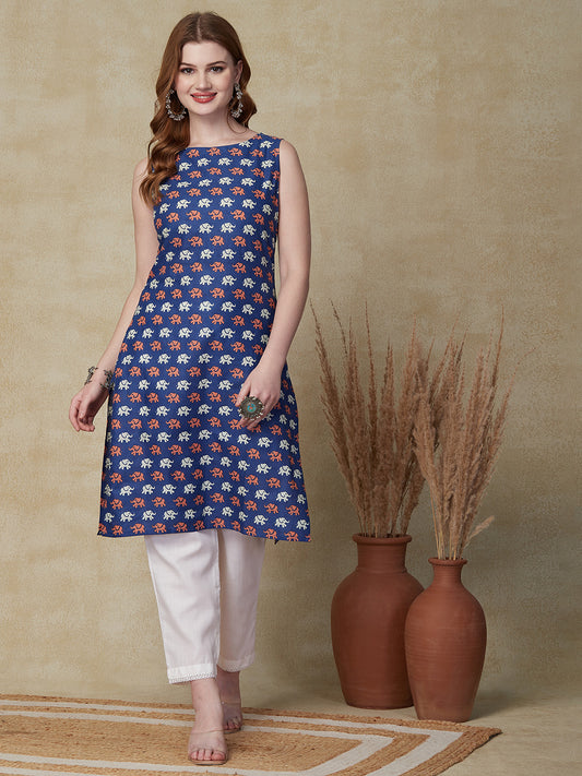 Ethnic Animal Motif Printed Straight Fit Kurta - Blue