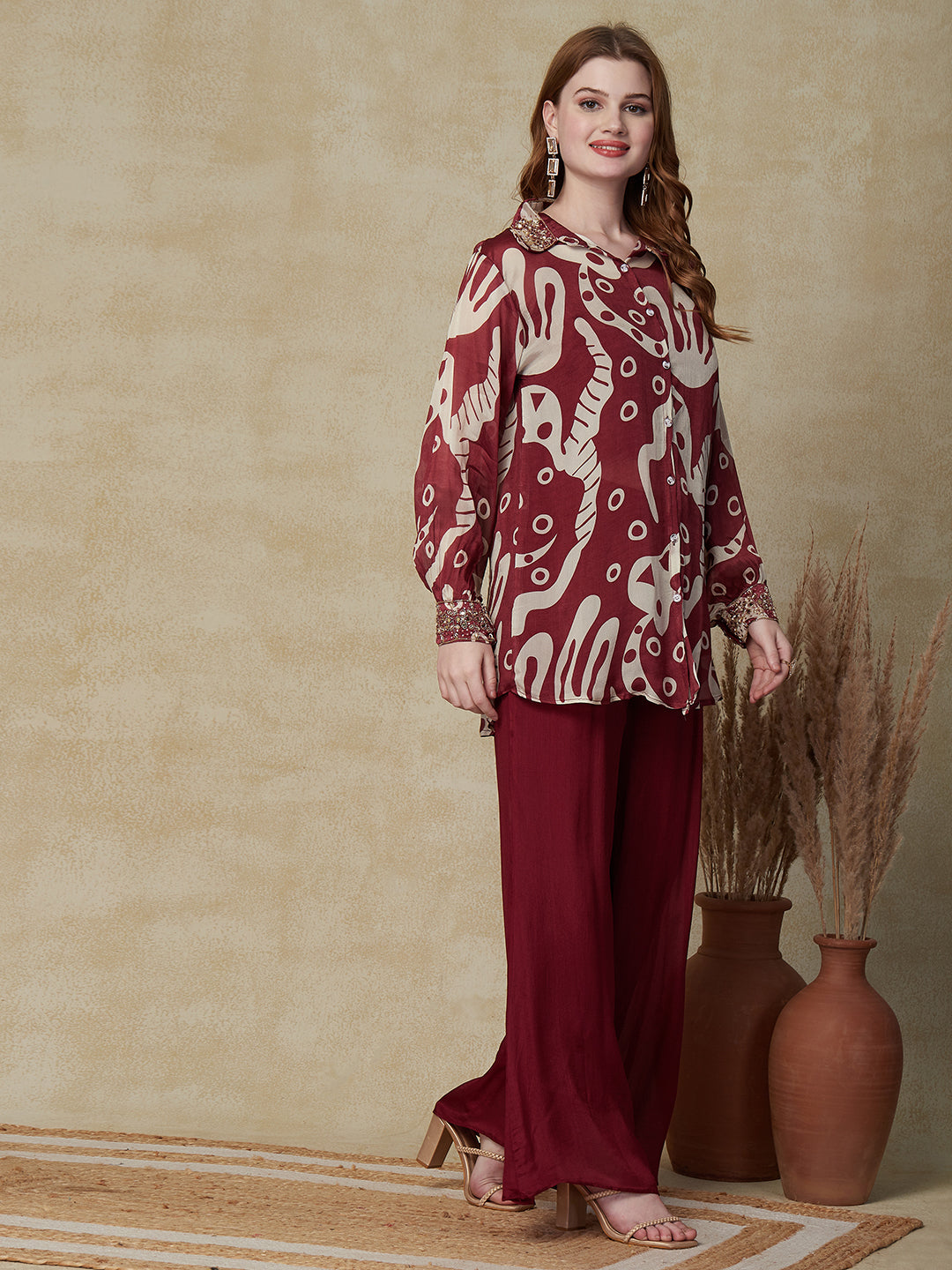 Abstract Printed Mirror, Cutdana & Stones Embroidered shirt with Palazzo - Maroon