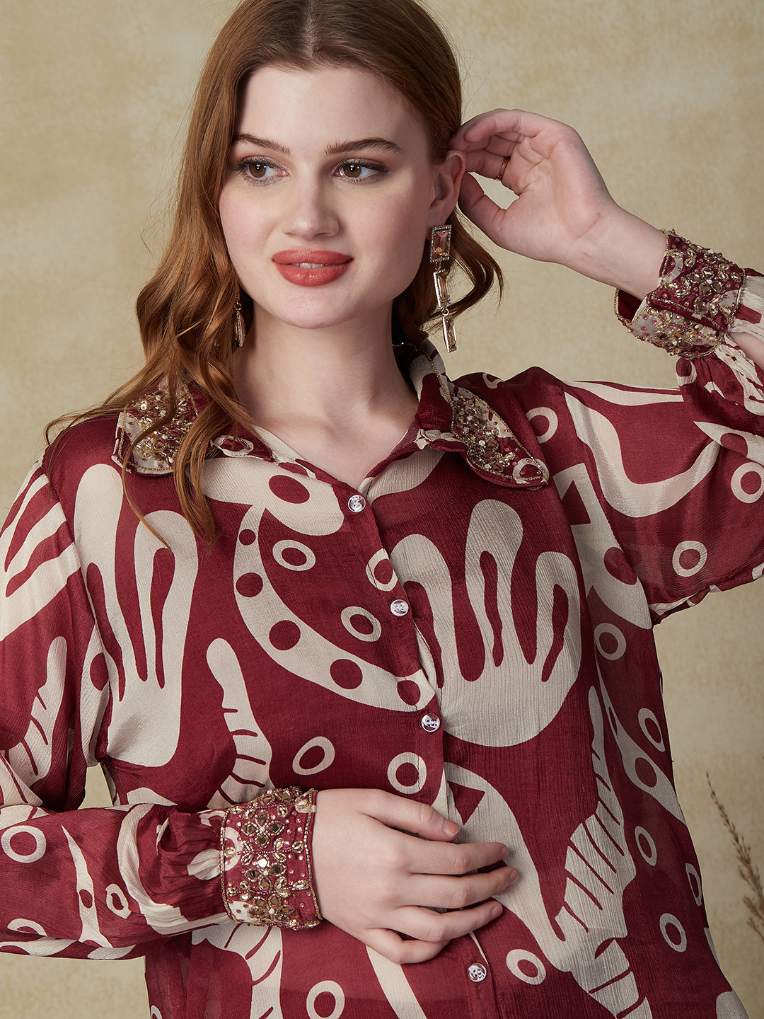 Abstract Printed Mirror, Cutdana & Stones Embroidered shirt with Palazzo - Maroon