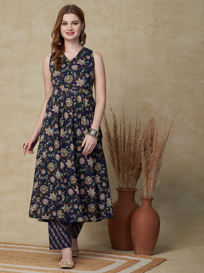 Floral Printed A-Line Flared Kurta with Pant - Blue