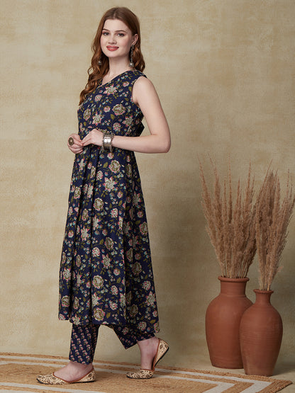 Floral Printed A-Line Flared Kurta with Pant - Blue