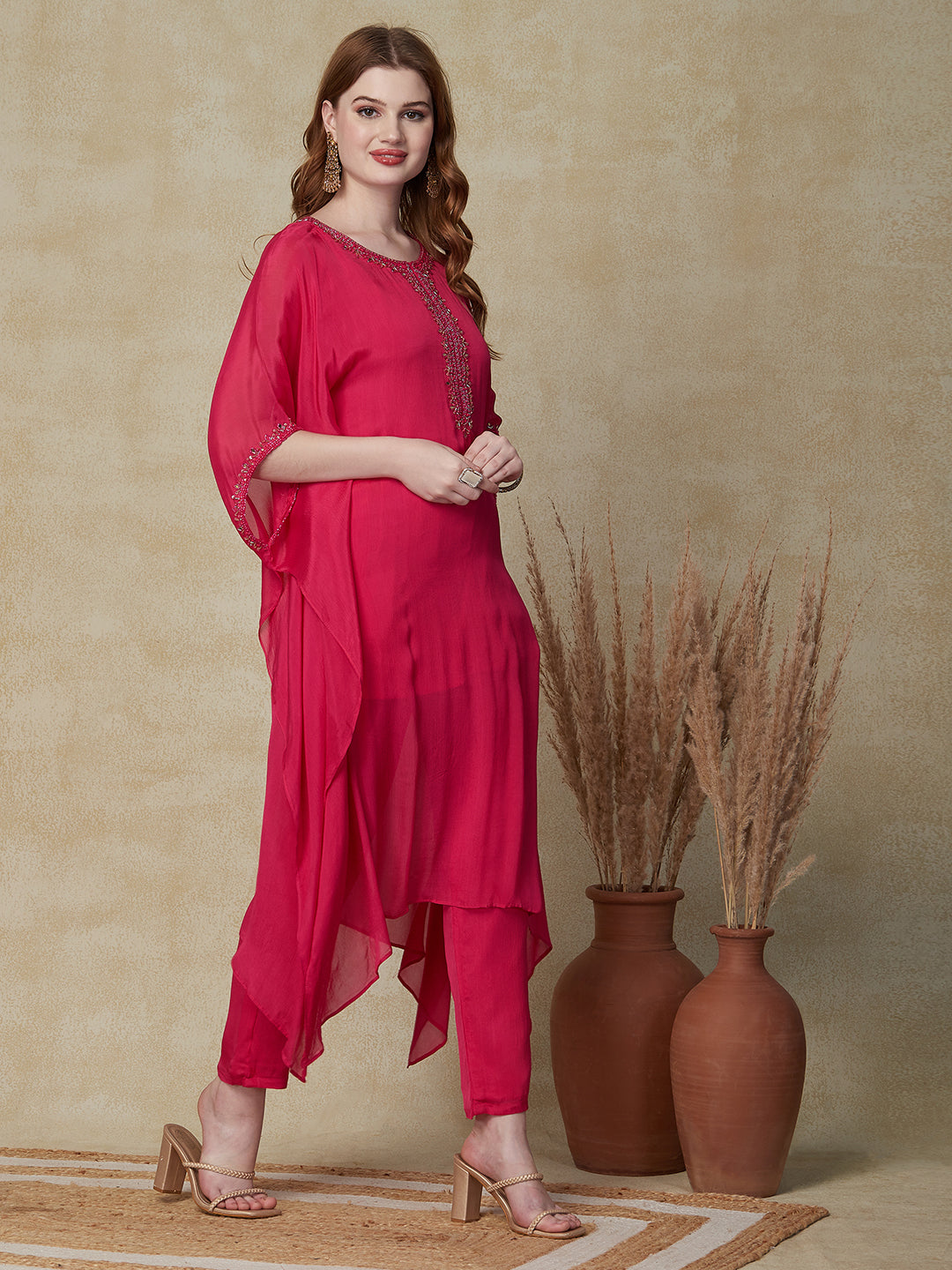 Solid Cutdana, Beads & Sequins Embroidered Kaftan with Pants - Pink