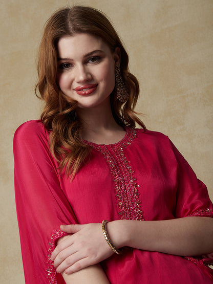 Solid Cutdana, Beads & Sequins Embroidered Kaftan with Pants - Pink